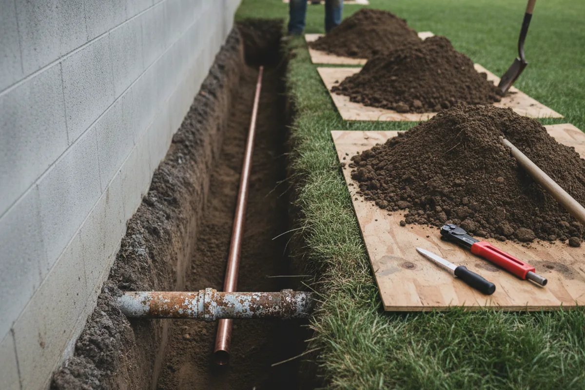 Excavated water line trench during Water Softener Installation in Gower